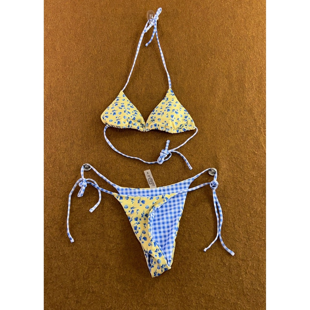 Cupshe Womens XS Yellow Blue Floral Gingham Side Tie Bikini Set New
